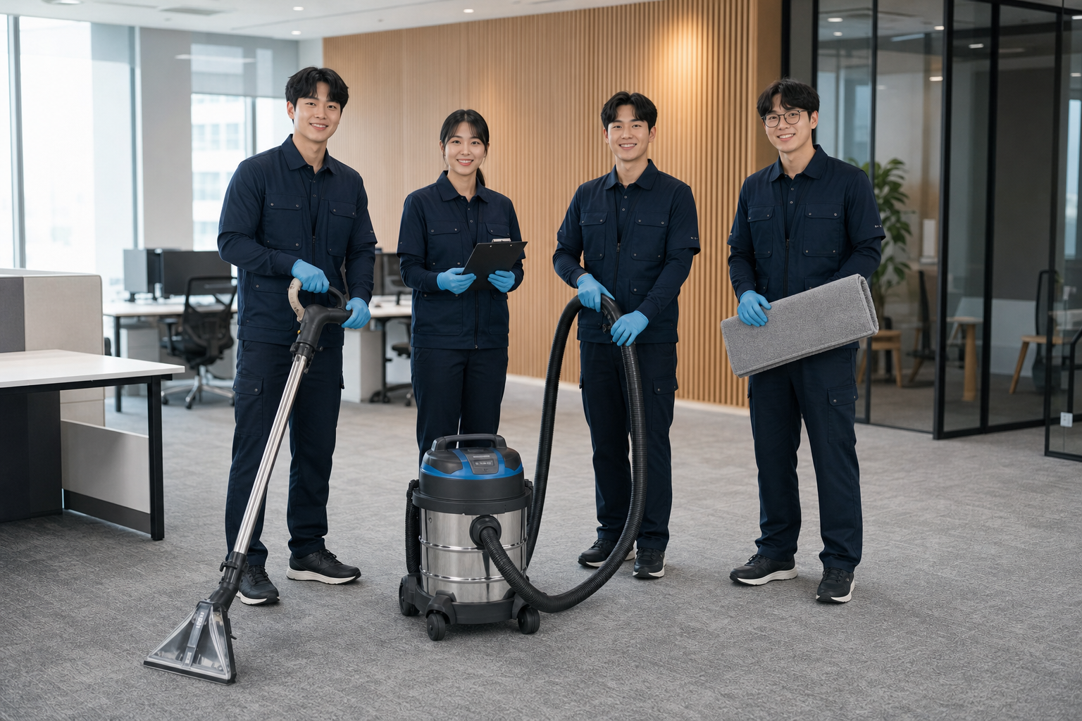 클린파트너스 직원들이 카펫 추출 장비를 들고 작업을 준비하는 모습